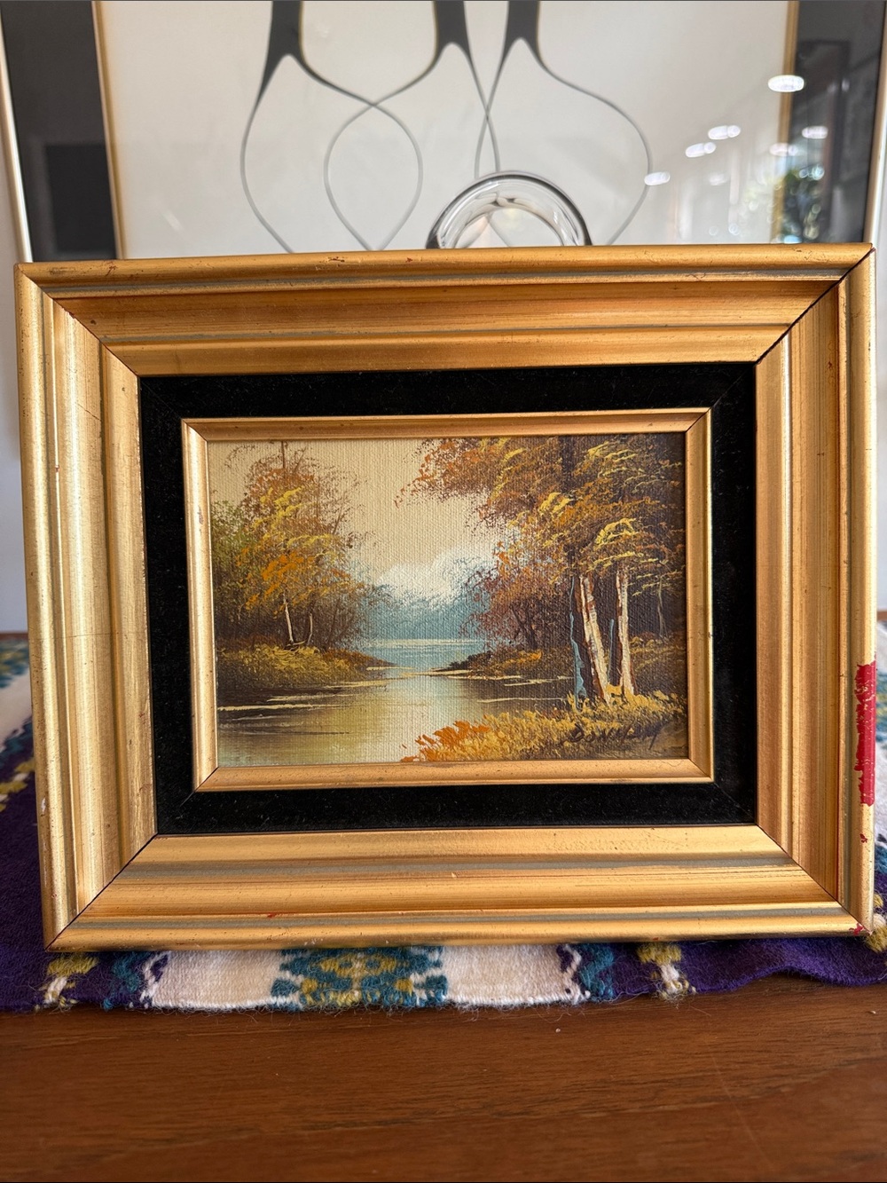 Vintage Gold Framed Landscape Painting with Blue and Green Tones signed